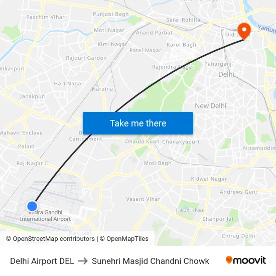 Delhi Airport DEL to Sunehri Masjid Chandni Chowk map