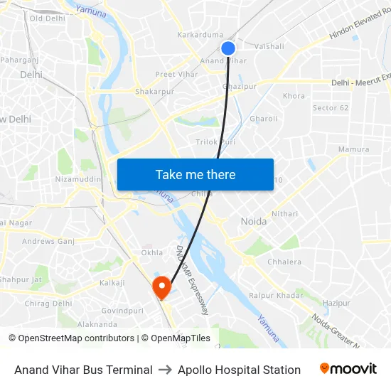 Anand Vihar Bus Terminal to Apollo Hospital Station map