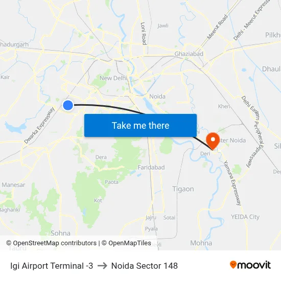 Igi Airport Terminal -3 to Noida Sector 148 map