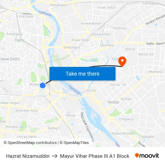 Hazrat Nizamuddin to Mayur Vihar Phase III A1 Block map
