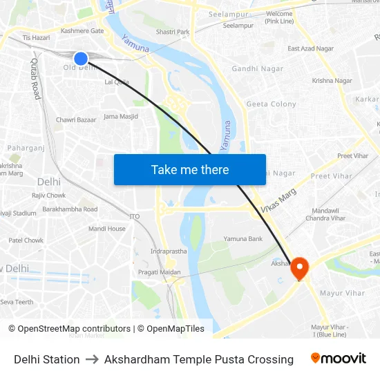 Delhi Station to Akshardham Temple Pusta Crossing map