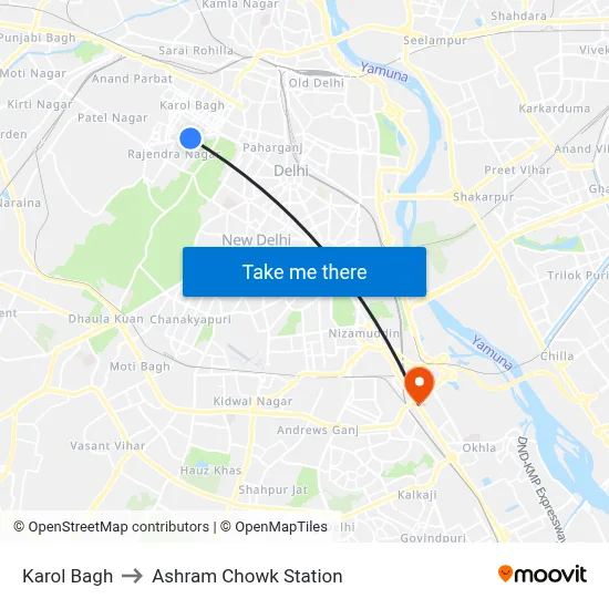Karol Bagh to Ashram Chowk Station map