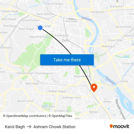 Karol Bagh to Ashram Chowk Station map
