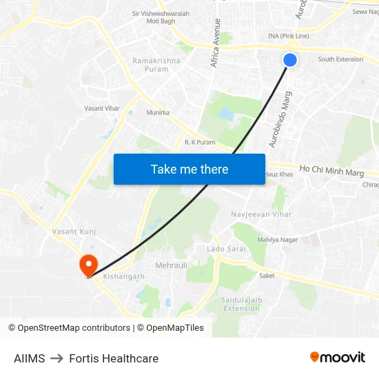 AIIMS to Fortis Healthcare map