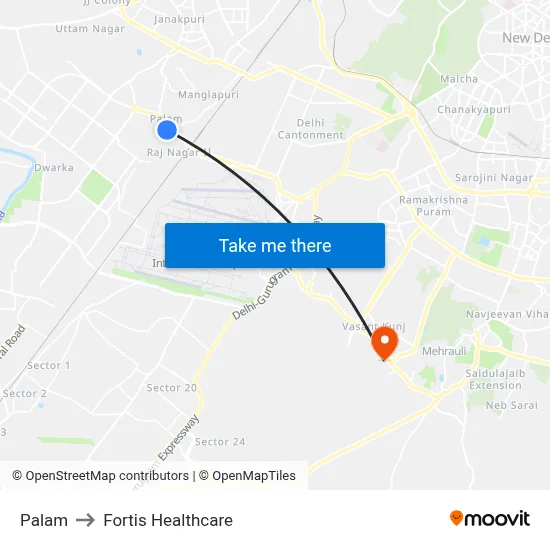 Palam to Fortis Healthcare map