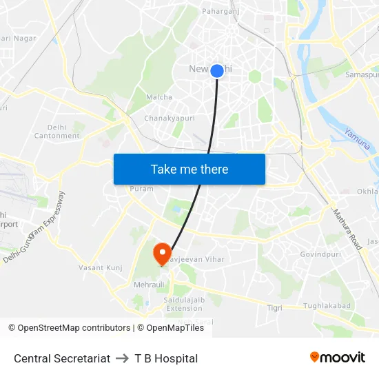 Central Secretariat to T B Hospital map