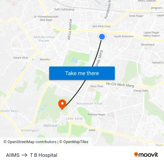 AIIMS to T B Hospital map