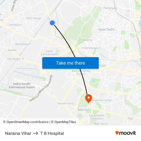Naraina Vihar to T B Hospital map