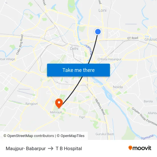 Maujpur- Babarpur to T B Hospital map