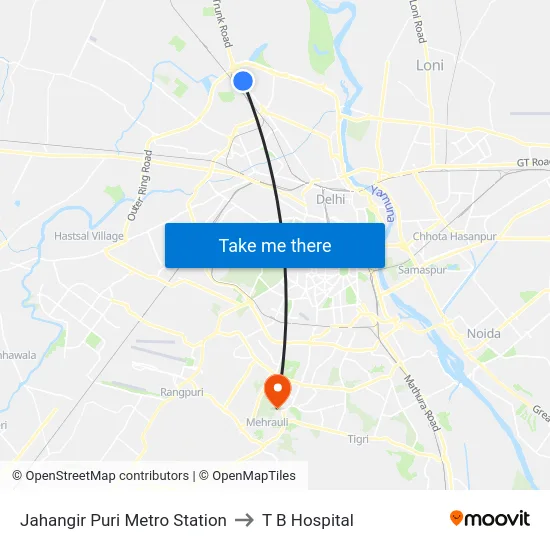 Jahangir Puri Metro Station to T B Hospital map