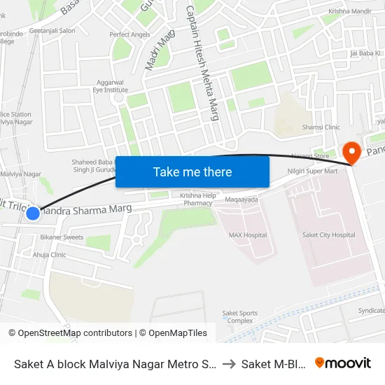 Saket A block Malviya Nagar Metro Station to Saket M-Block map