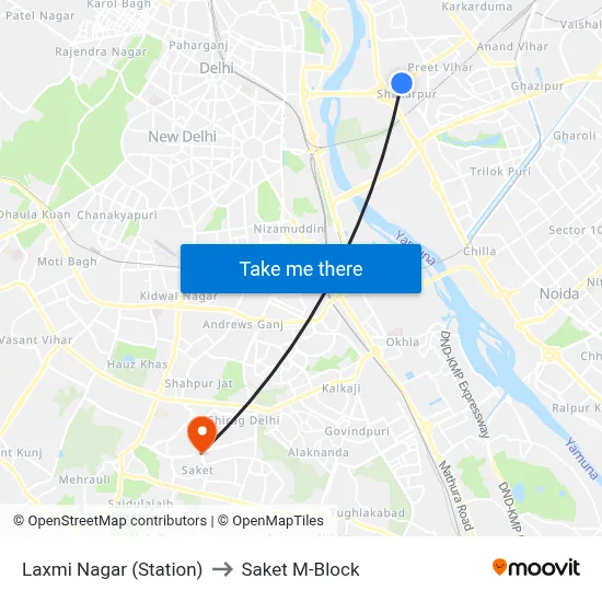 Laxmi Nagar (Station) to Saket M-Block map
