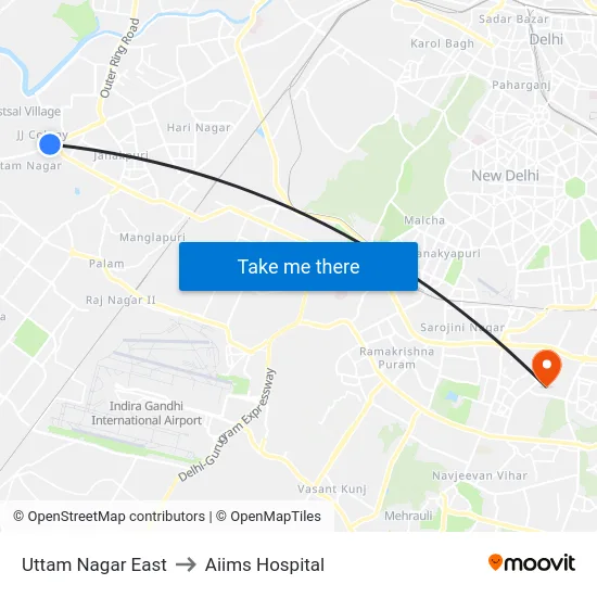 Uttam Nagar East to Aiims Hospital map