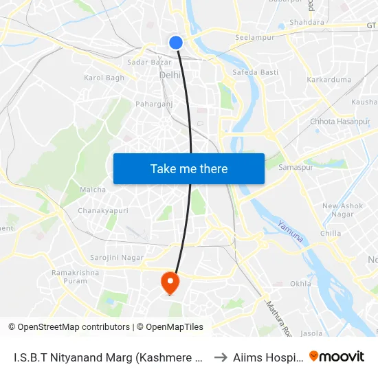 I.S.B.T Nityanand Marg (Kashmere Gate) to Aiims Hospital map