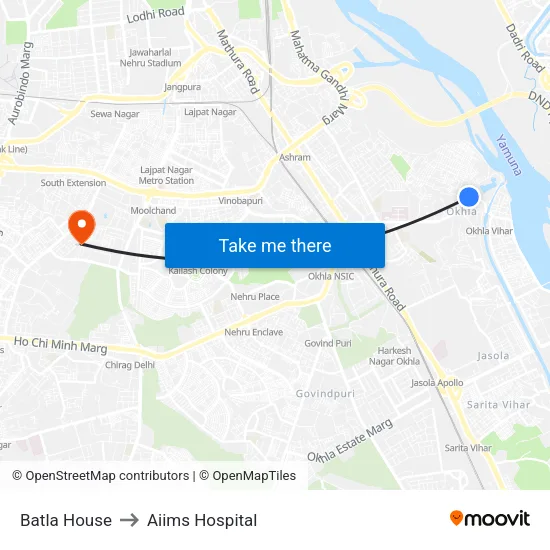 Batla House to Aiims Hospital map