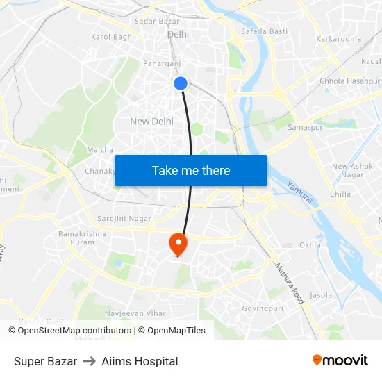 Super Bazar to Aiims Hospital map