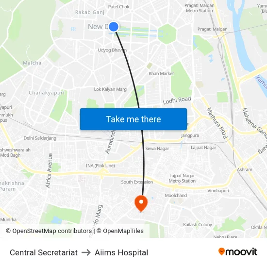 Central Secretariat to Aiims Hospital map