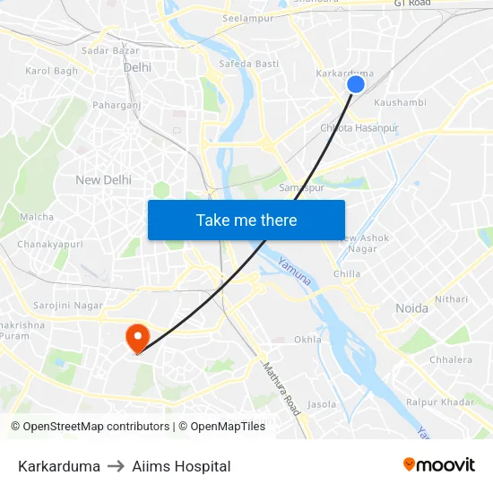 Karkarduma to Aiims Hospital map