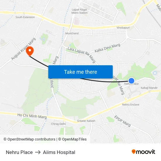 Nehru Place to Aiims Hospital map
