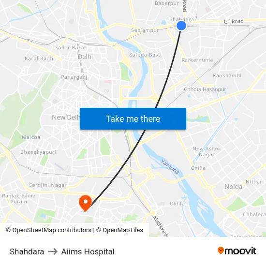 Shahdara to Aiims Hospital map