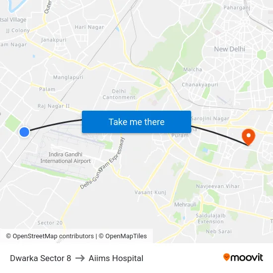 Dwarka Sector 8 to Aiims Hospital map