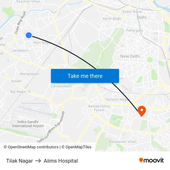Tilak Nagar to Aiims Hospital map
