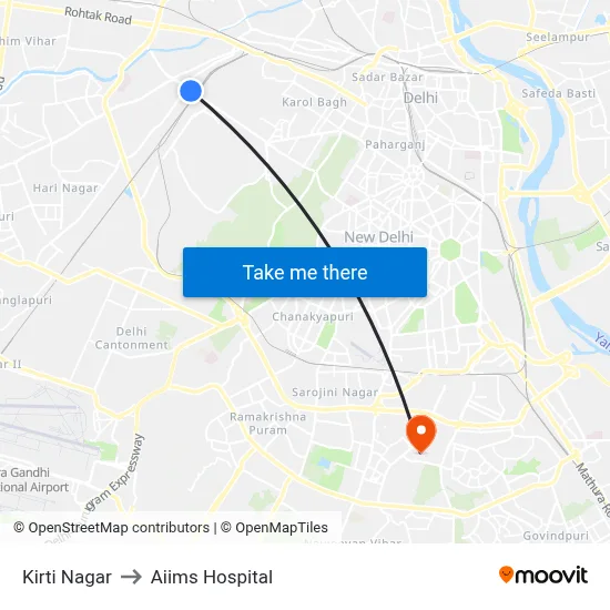 Kirti Nagar to Aiims Hospital map