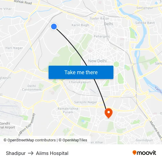 Shadipur to Aiims Hospital map