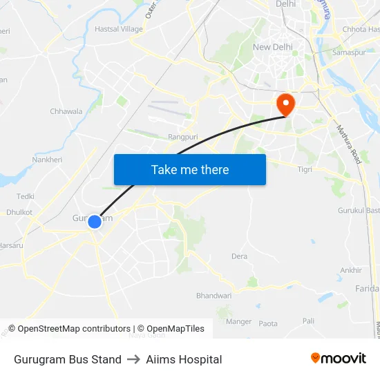 Gurugram Bus Stand to Aiims Hospital map