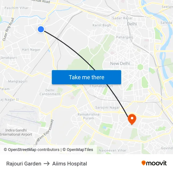 Rajouri Garden to Aiims Hospital map