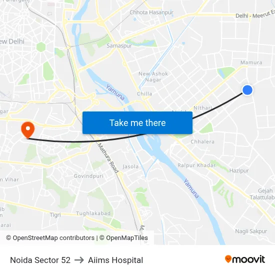 Noida Sector 52 to Aiims Hospital map
