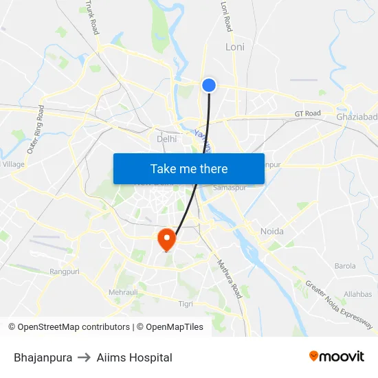 Bhajanpura to Aiims Hospital map