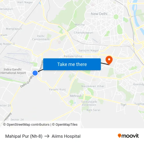Mahipal Pur (Nh-8) to Aiims Hospital map