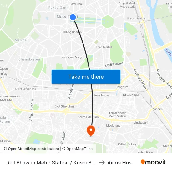 Rail Bhawan Metro Station / Krishi Bhawan to Aiims Hospital map