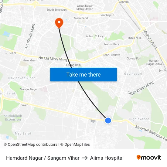 Hamdard Nagar / Sangam Vihar to Aiims Hospital map