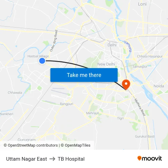 Uttam Nagar East to TB Hospital map