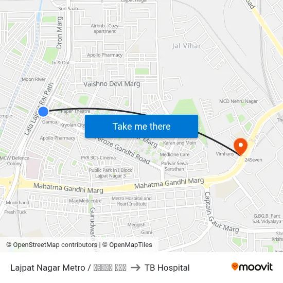 Lajpat Nagar Metro / लाजपत नगर to TB Hospital map