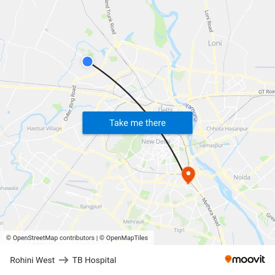 Rohini West to TB Hospital map