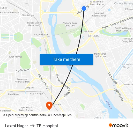 Laxmi Nagar to TB Hospital map