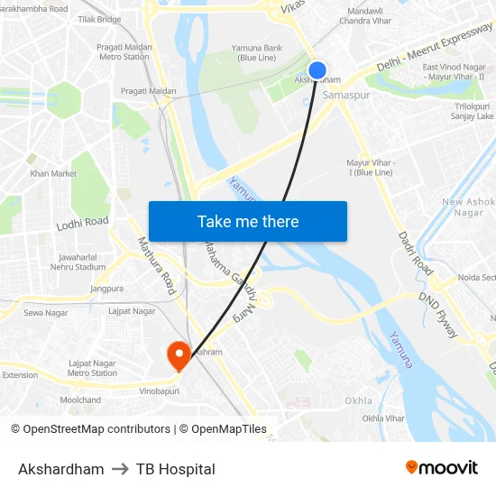 Akshardham to TB Hospital map