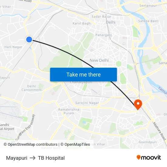 Mayapuri to TB Hospital map