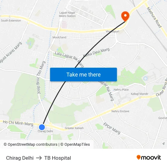 Chirag Delhi to TB Hospital map