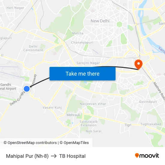 Mahipal Pur (Nh-8) to TB Hospital map