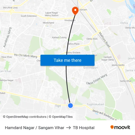 Hamdard Nagar / Sangam Vihar to TB Hospital map