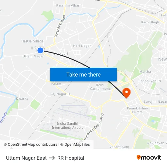Uttam Nagar East to RR Hospital map