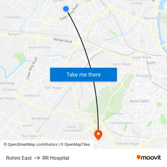 Rohini East to RR Hospital map