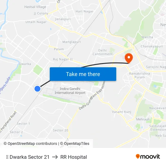 ✈ Dwarka Sector 21 to RR Hospital map