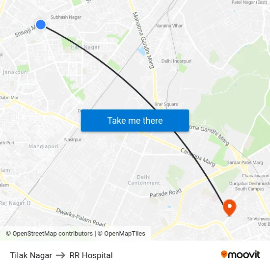 Tilak Nagar to RR Hospital map