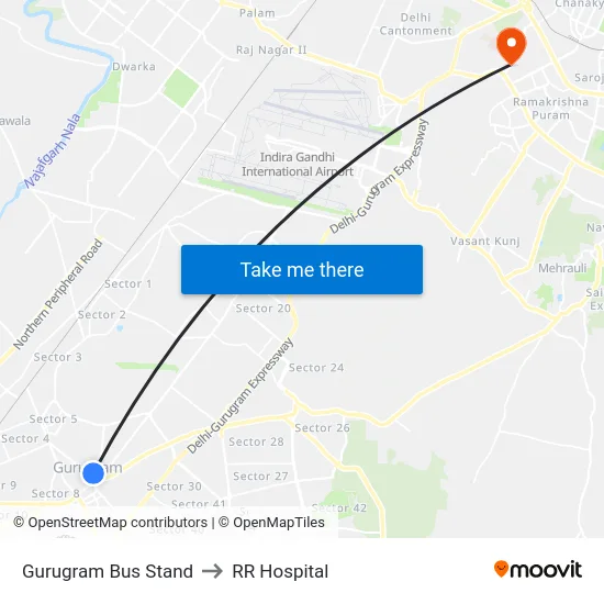 Gurugram Bus Stand to RR Hospital map