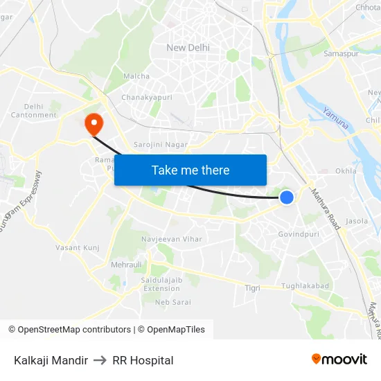 Kalkaji Mandir to RR Hospital map